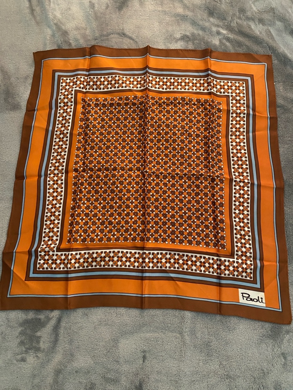 Paoli Orange Geometric Silk Scarf 22”x22”